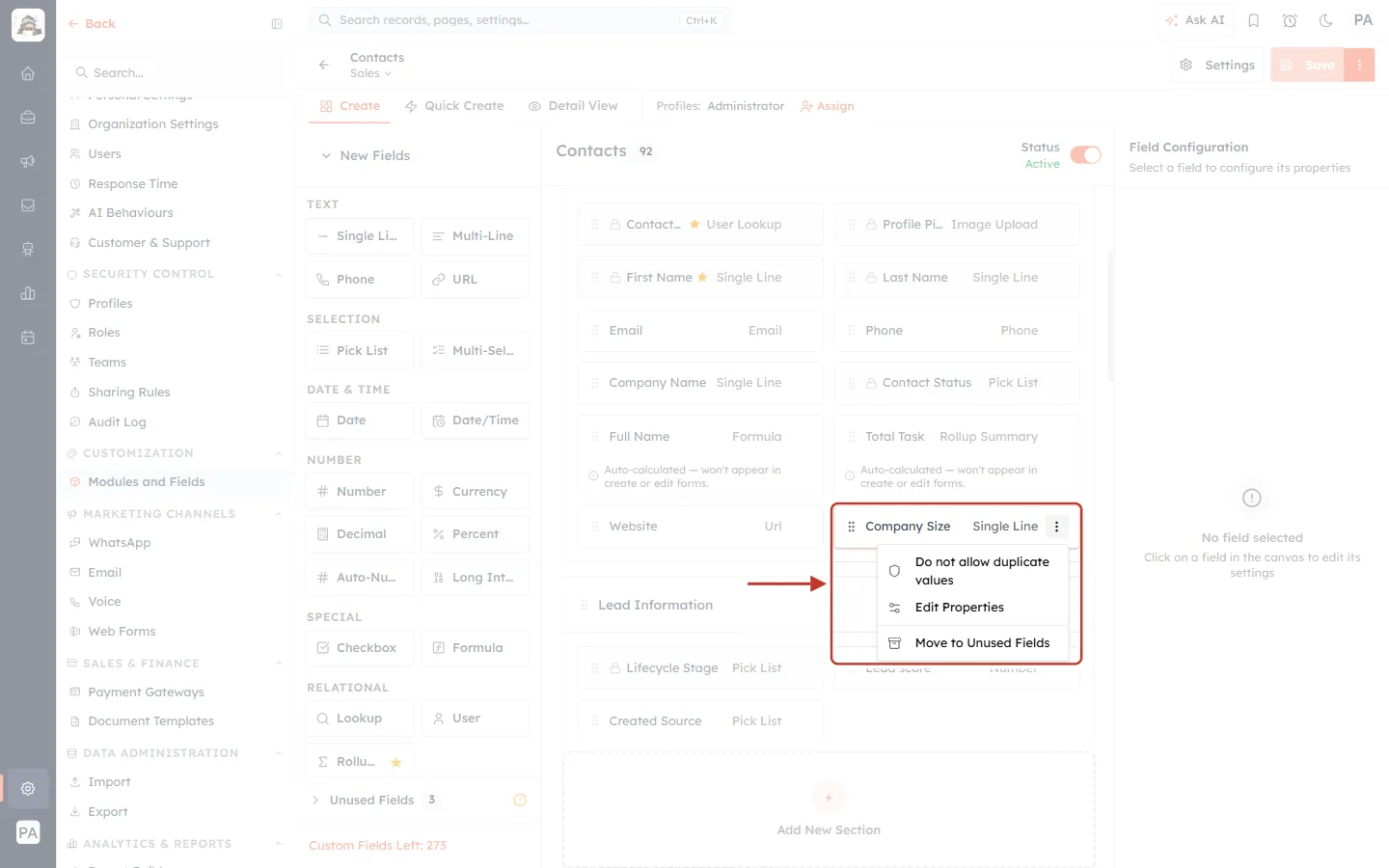 The menu of the Company Size field