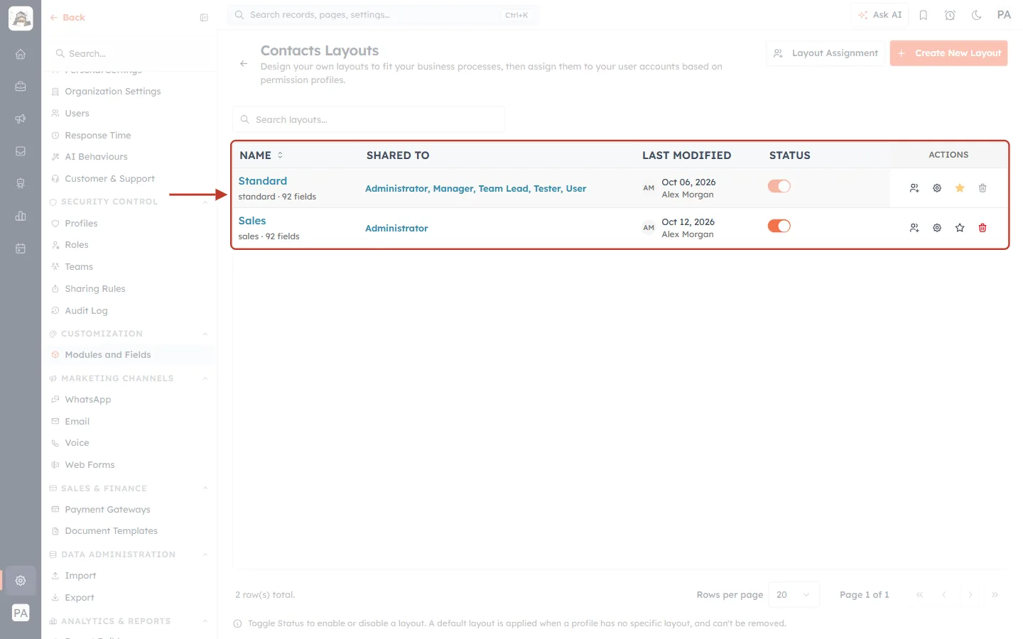 The Contacts Layouts page with Standard and Sales