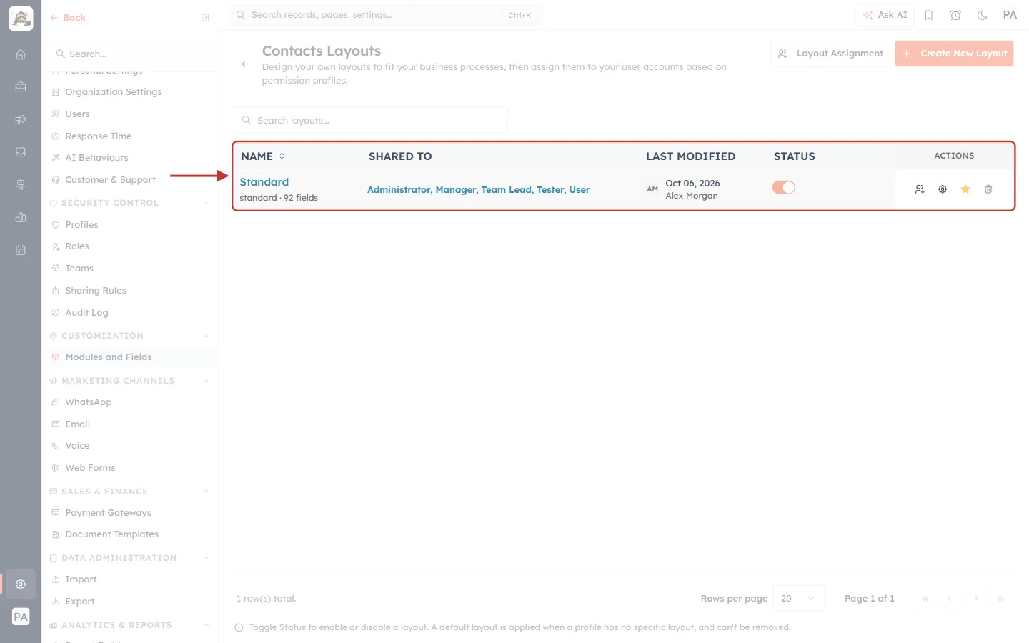The Contacts Layouts page