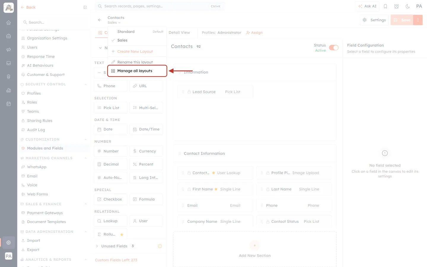 Manage all layouts in the layout menu