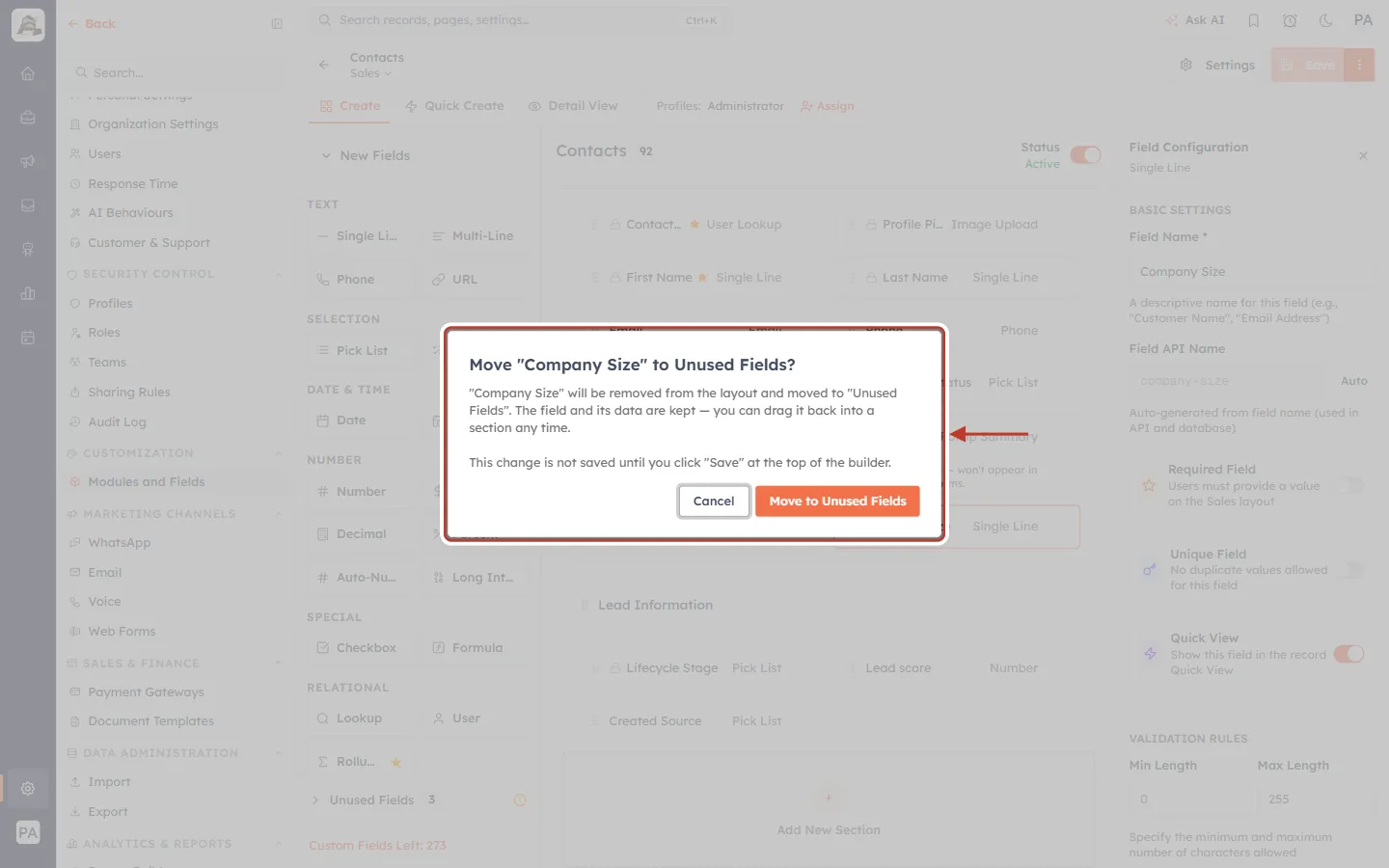 The Move to Unused Fields confirmation