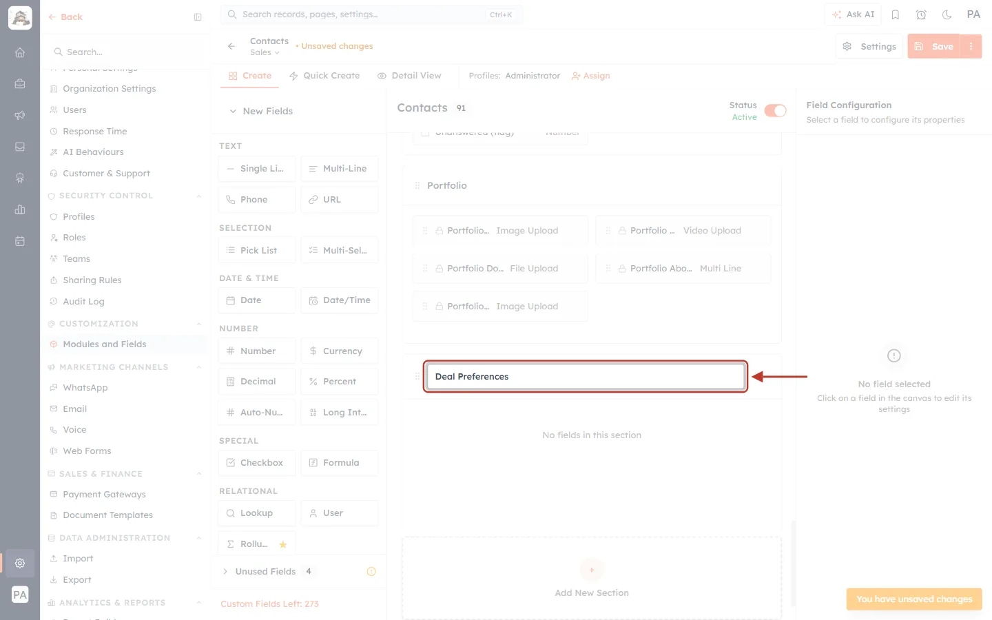 Typing the new section name Deal Preferences