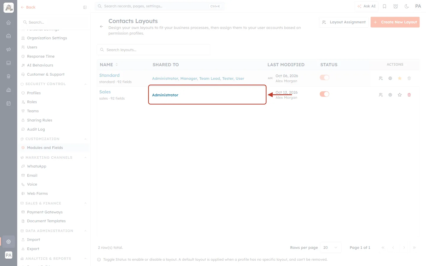 A new layout shared only with Administrator