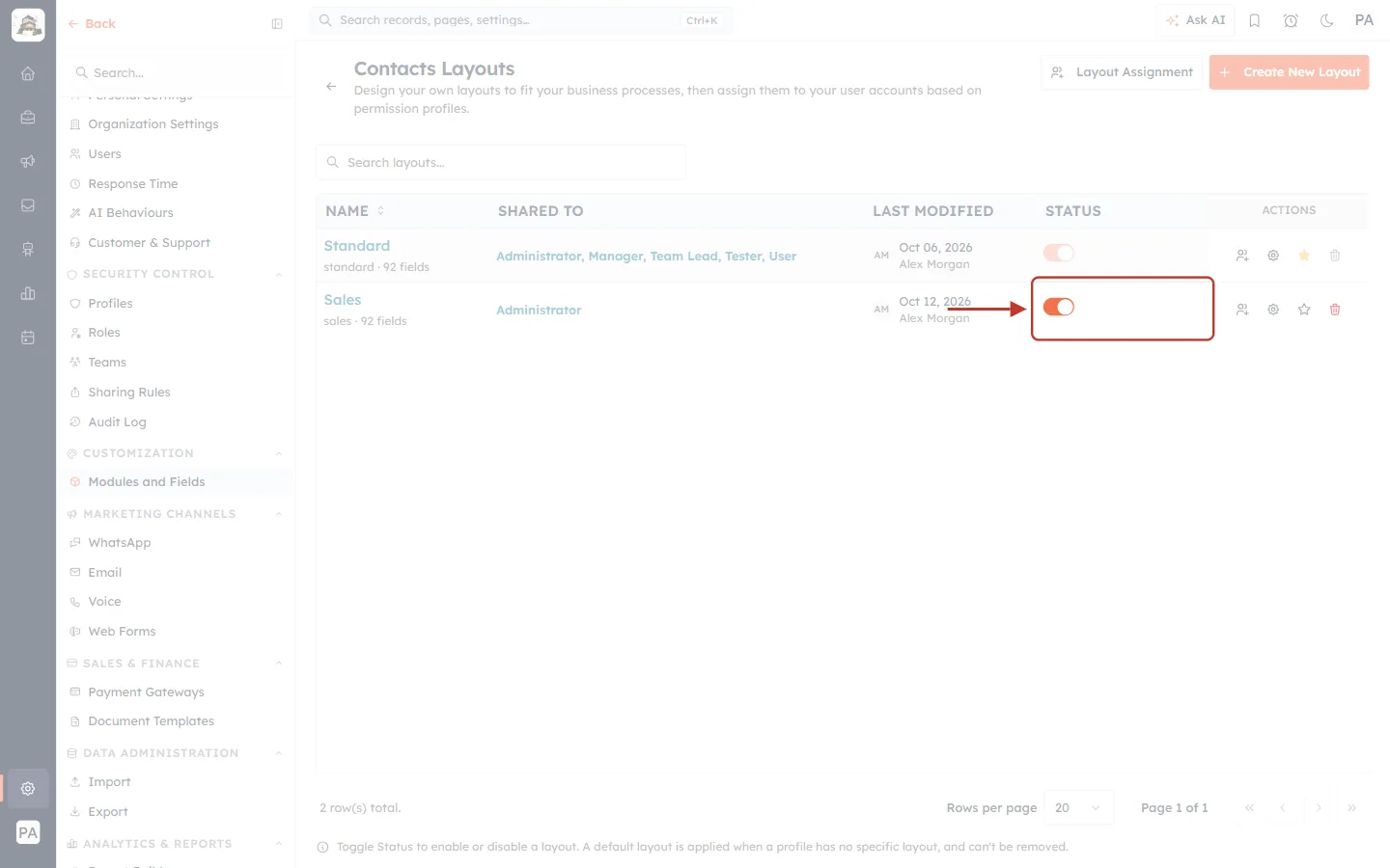The Status switch of the Sales layout