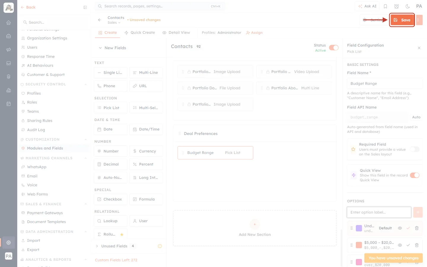 The Save button at the top right of the builder