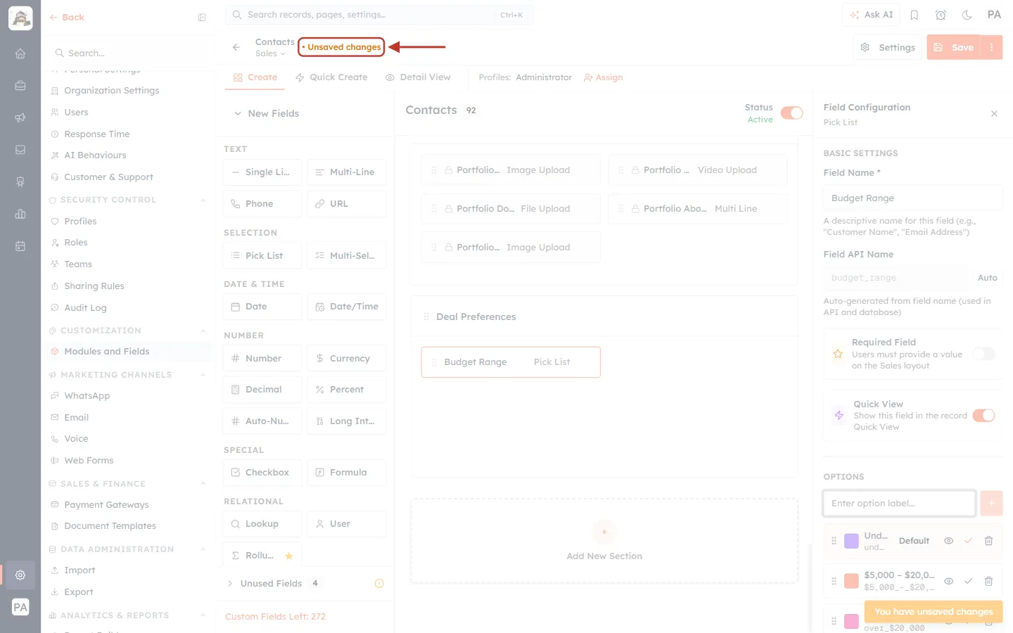 The Unsaved changes label next to the layout name