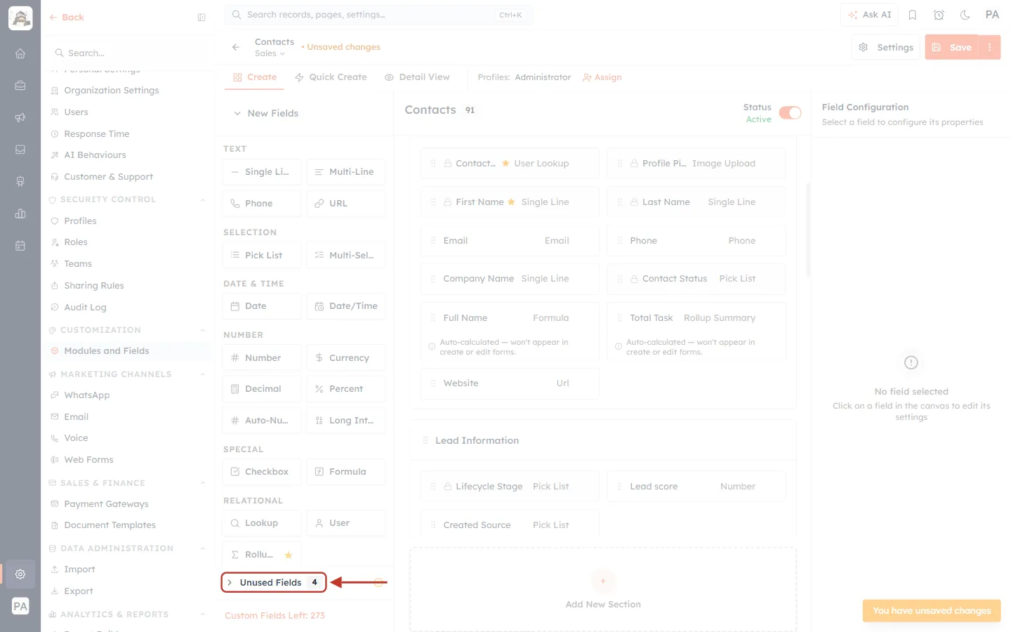 Unused Fields now shows 4