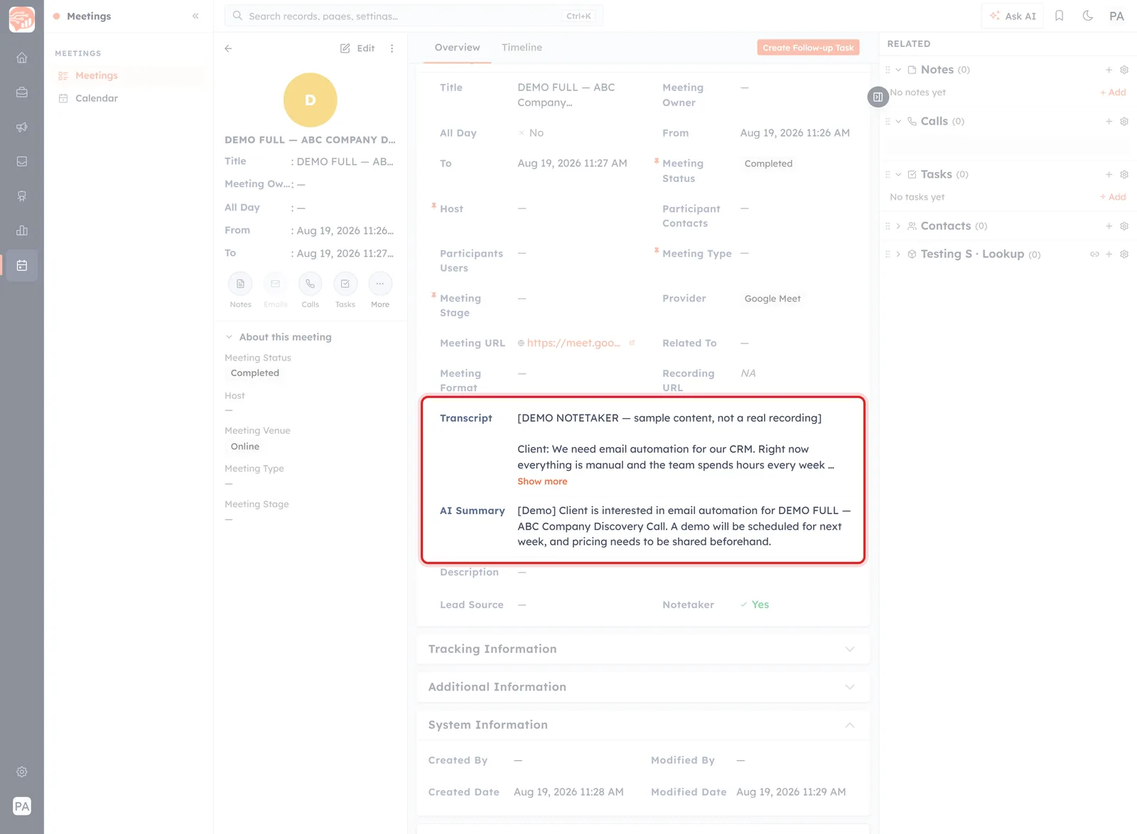 A meeting record with the Transcript and AI Summary fields highlighted