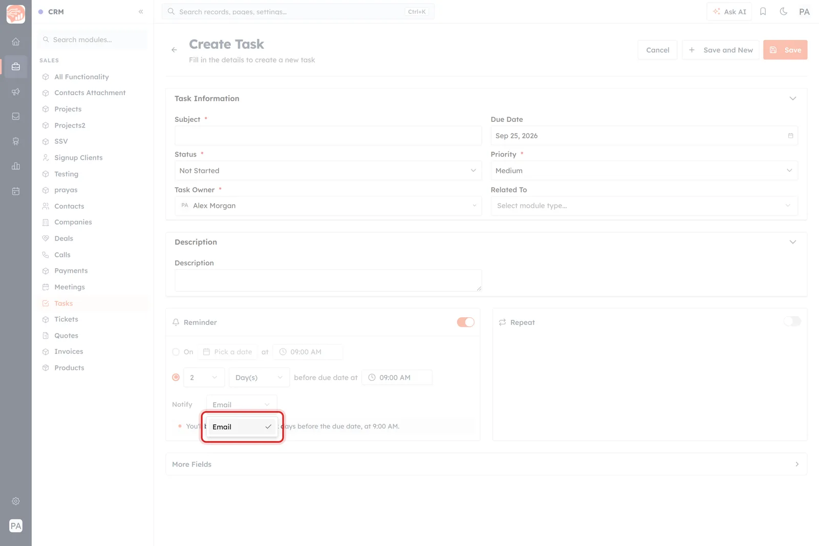The Notify dropdown open, showing Email as its only option