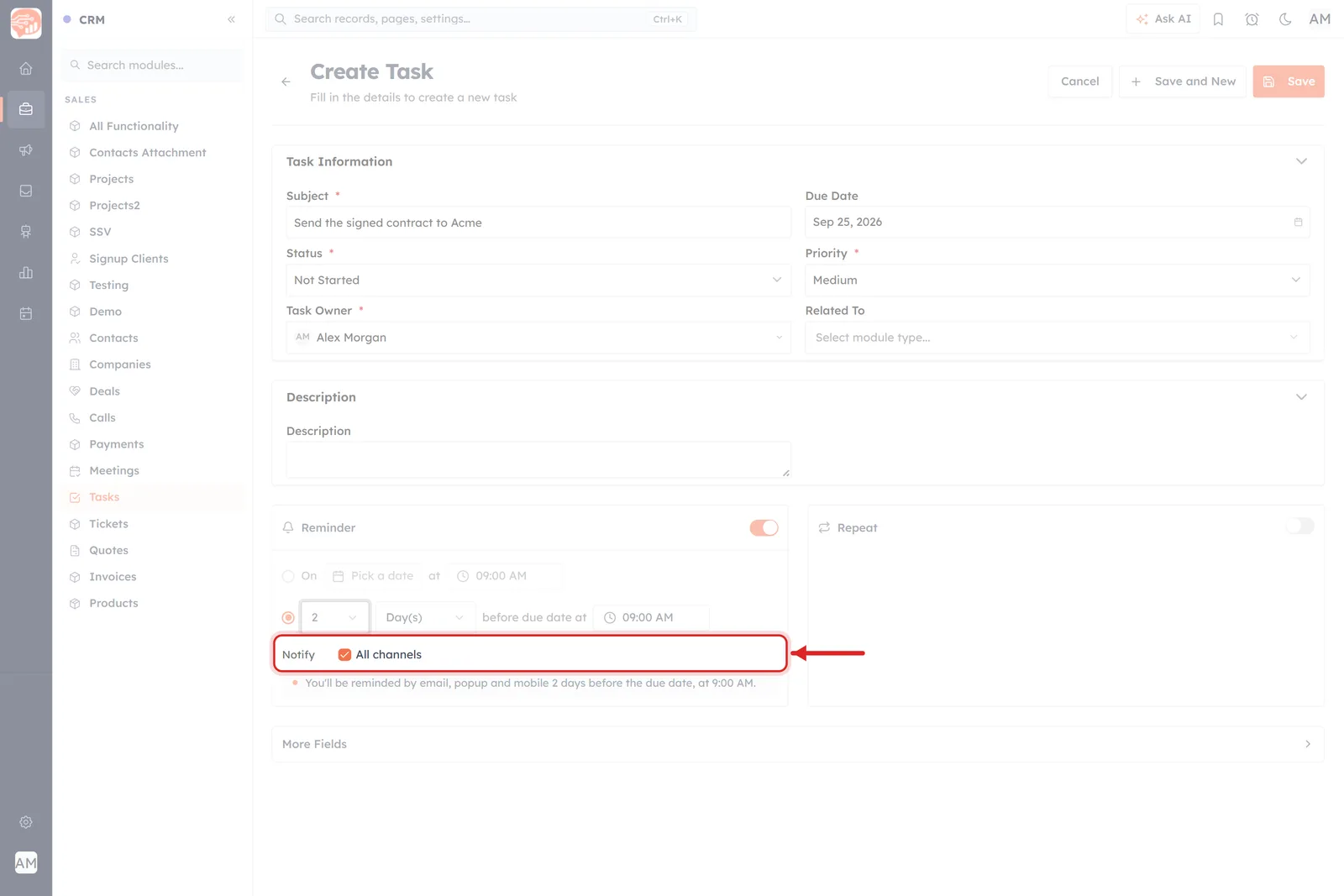 The Notify row collapsed to a single ticked All channels box