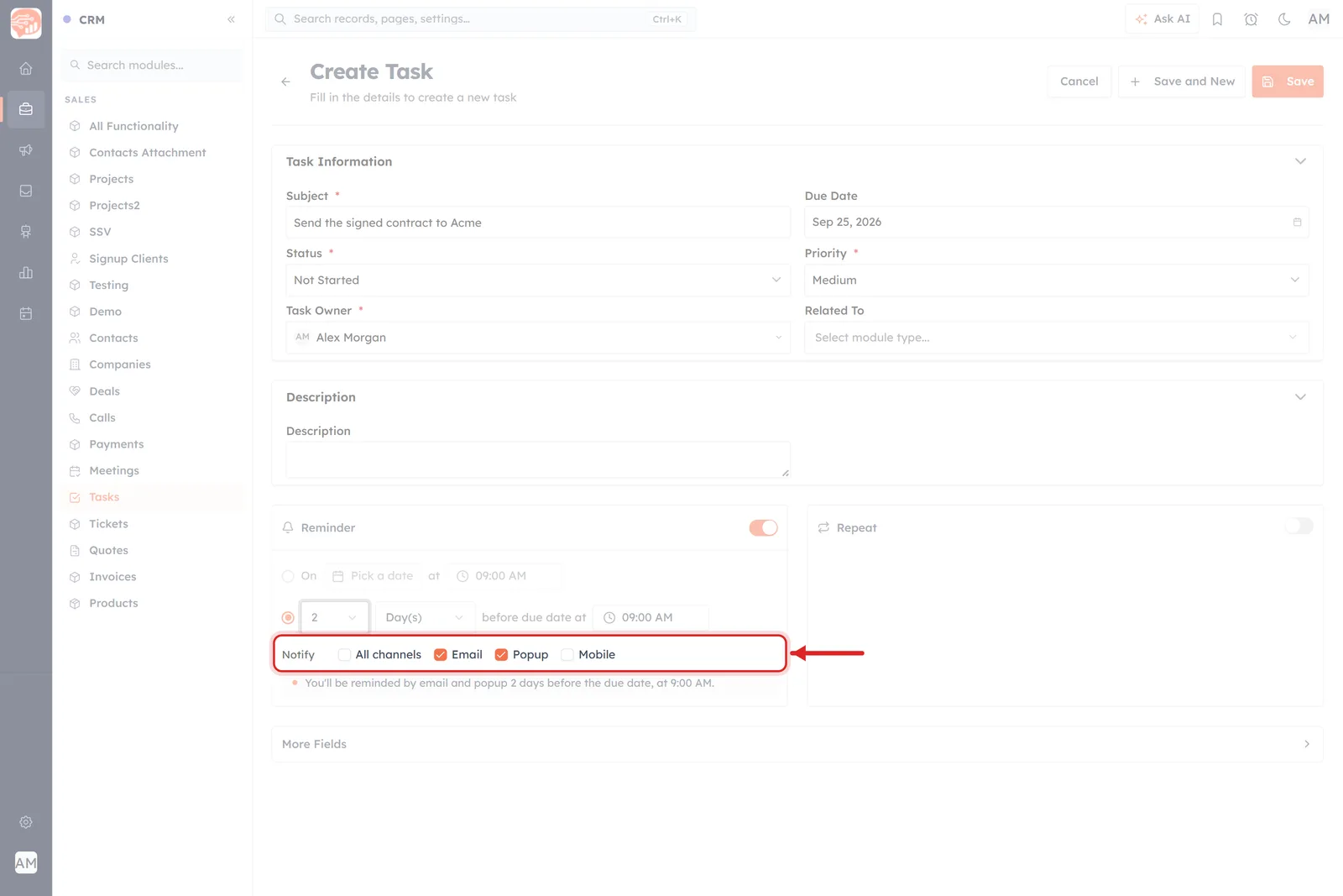The Notify row with Email and Popup both ticked
