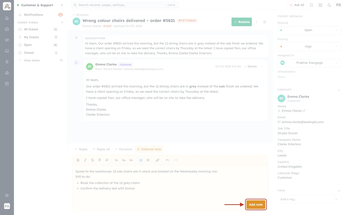 The Add note button