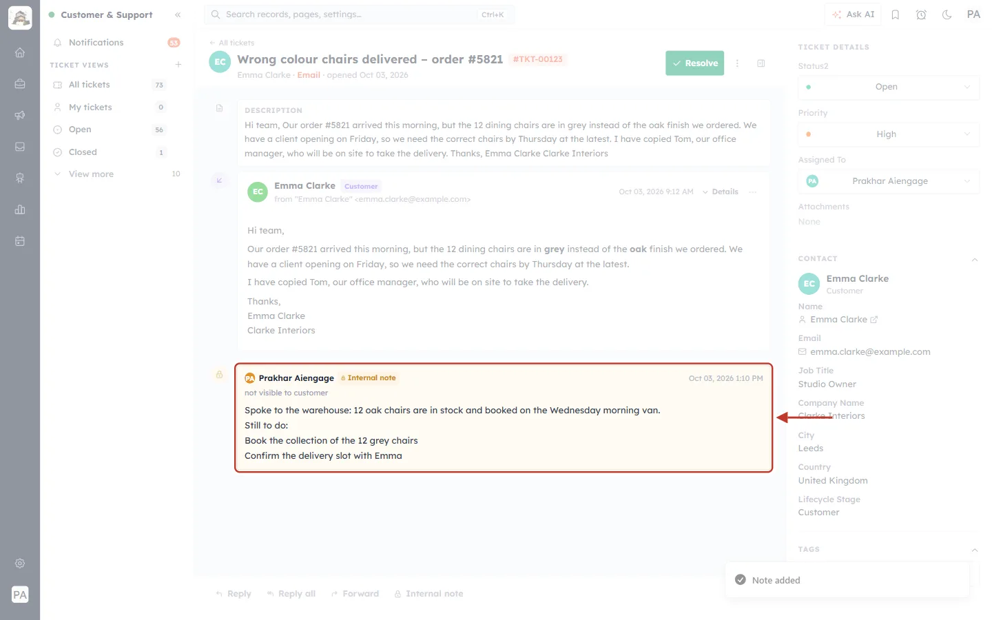 An internal note in the ticket conversation
