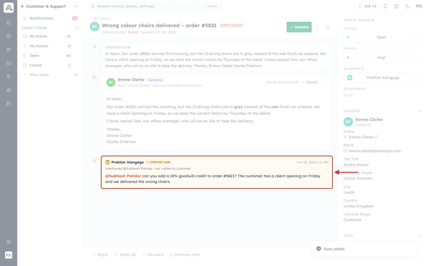 A saved note that mentions a teammate
