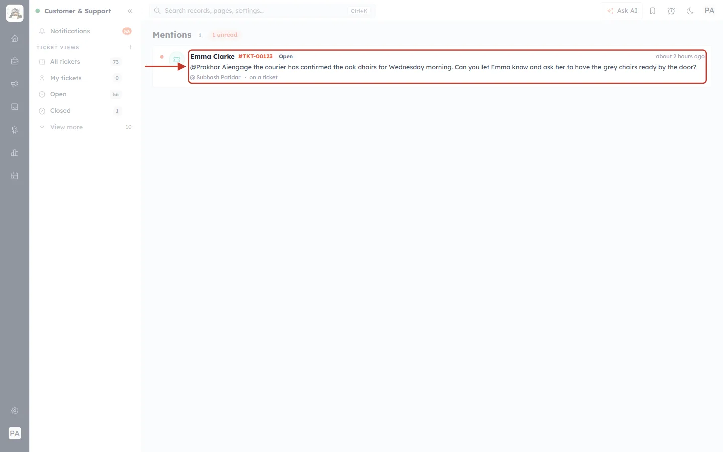 A ticket mention on the Mentions page