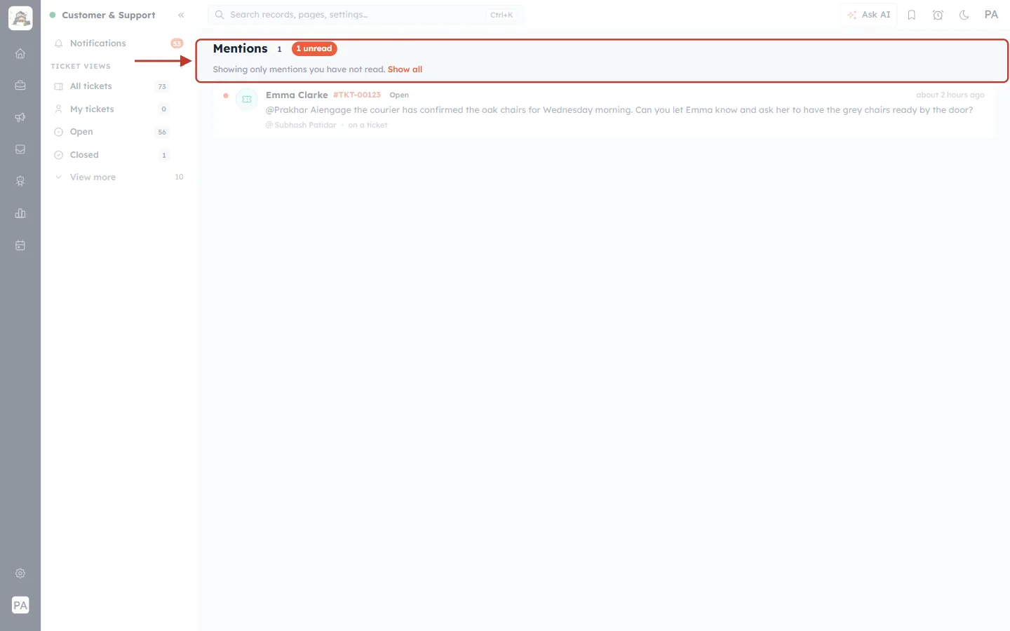 The Mentions page filtered to unread mentions