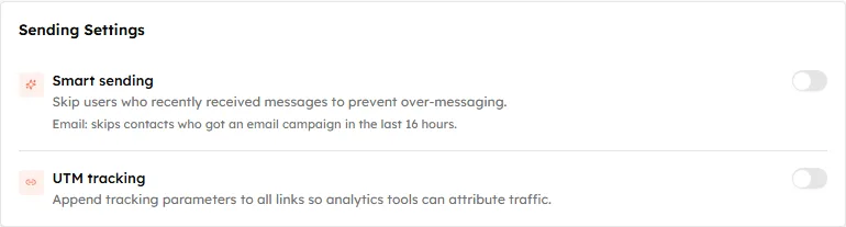 The Sending Settings card with UTM tracking switched off