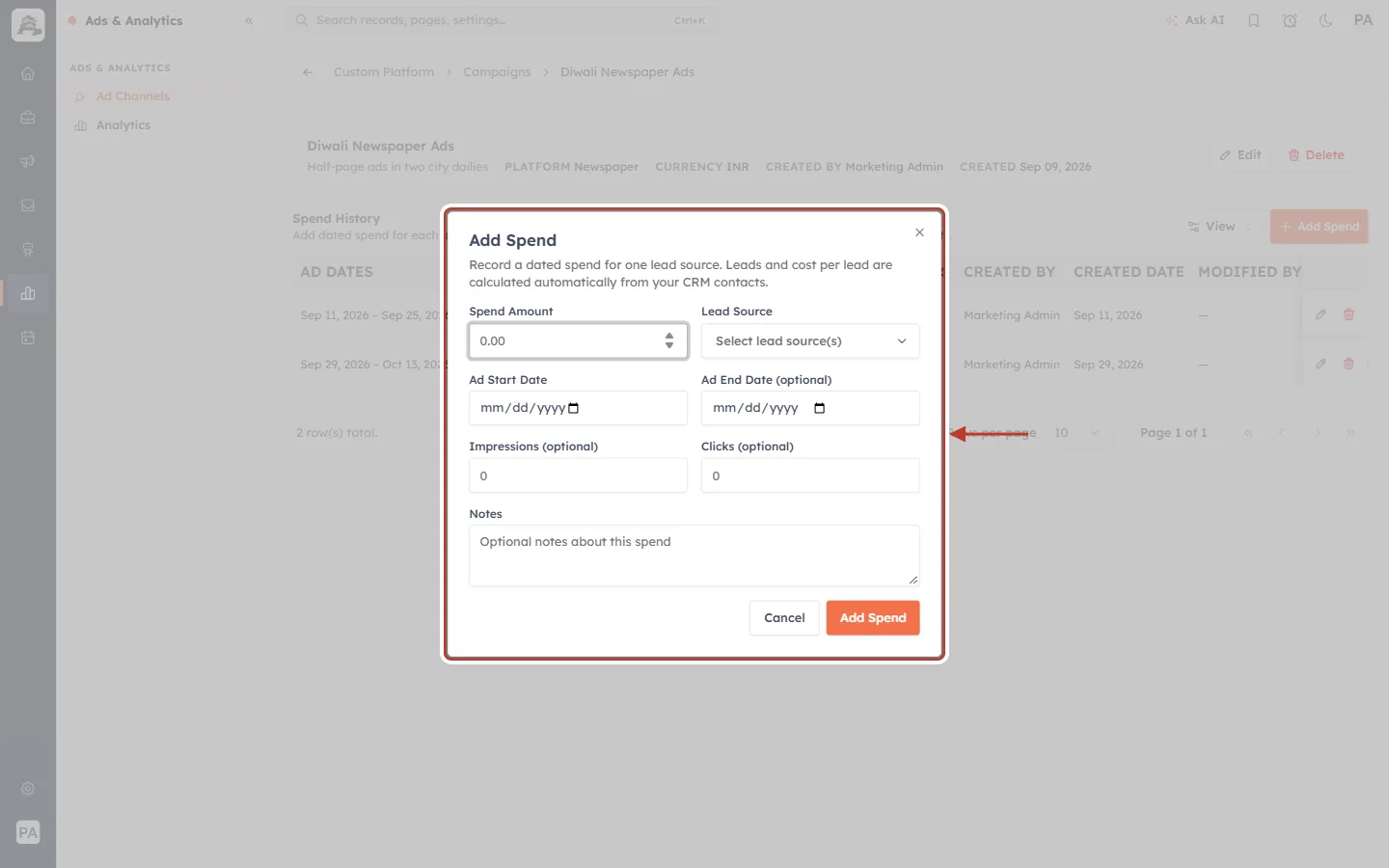 The Add Spend window