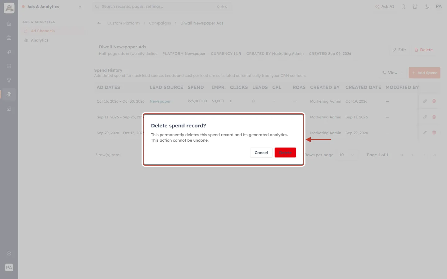 Delete spend record? confirmation