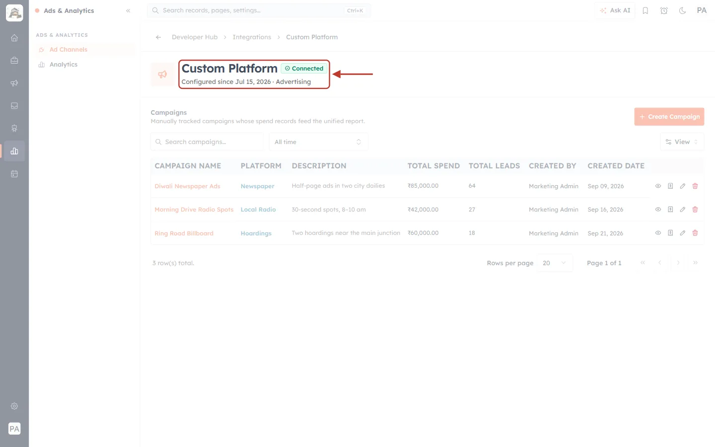 The Custom Platform page header