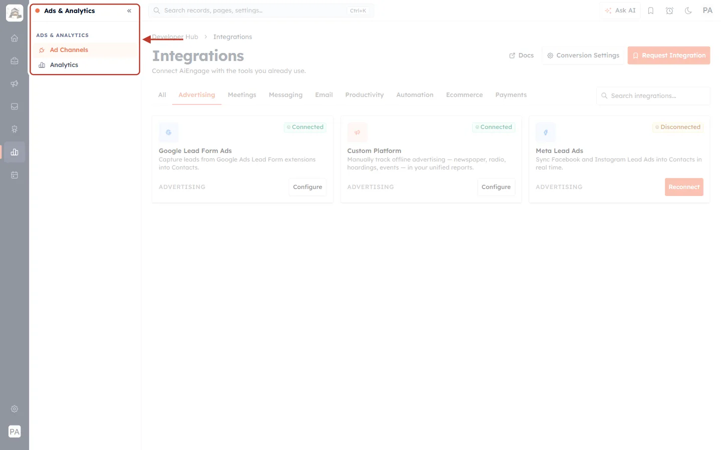 The Ads & Analytics menu