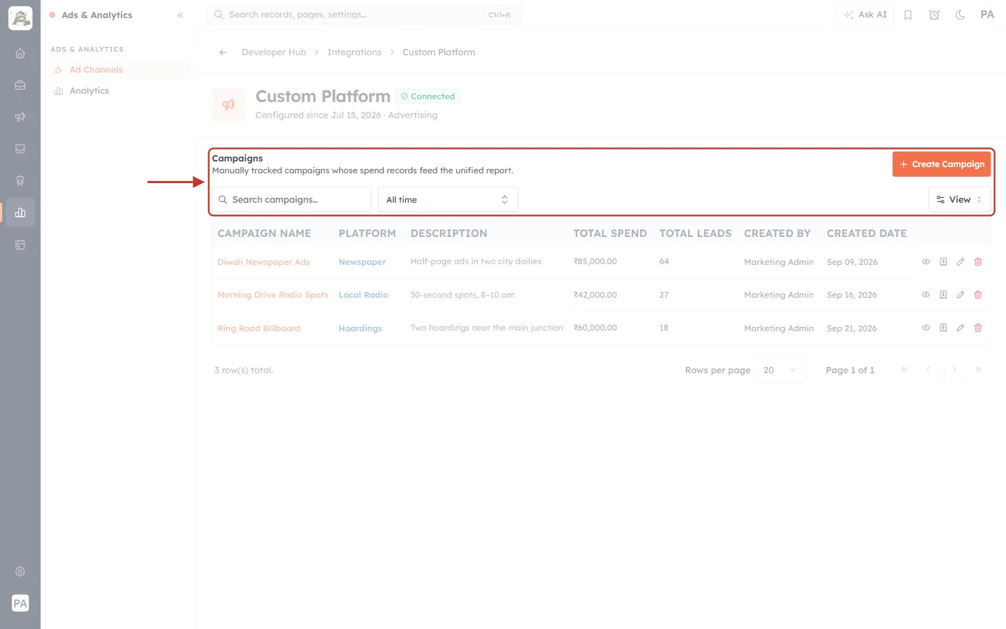 Search, date filter and View