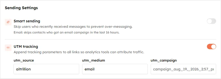 The Sending Settings card with UTM tracking on, revealing the utm_source, utm_medium and utm_campaign fields