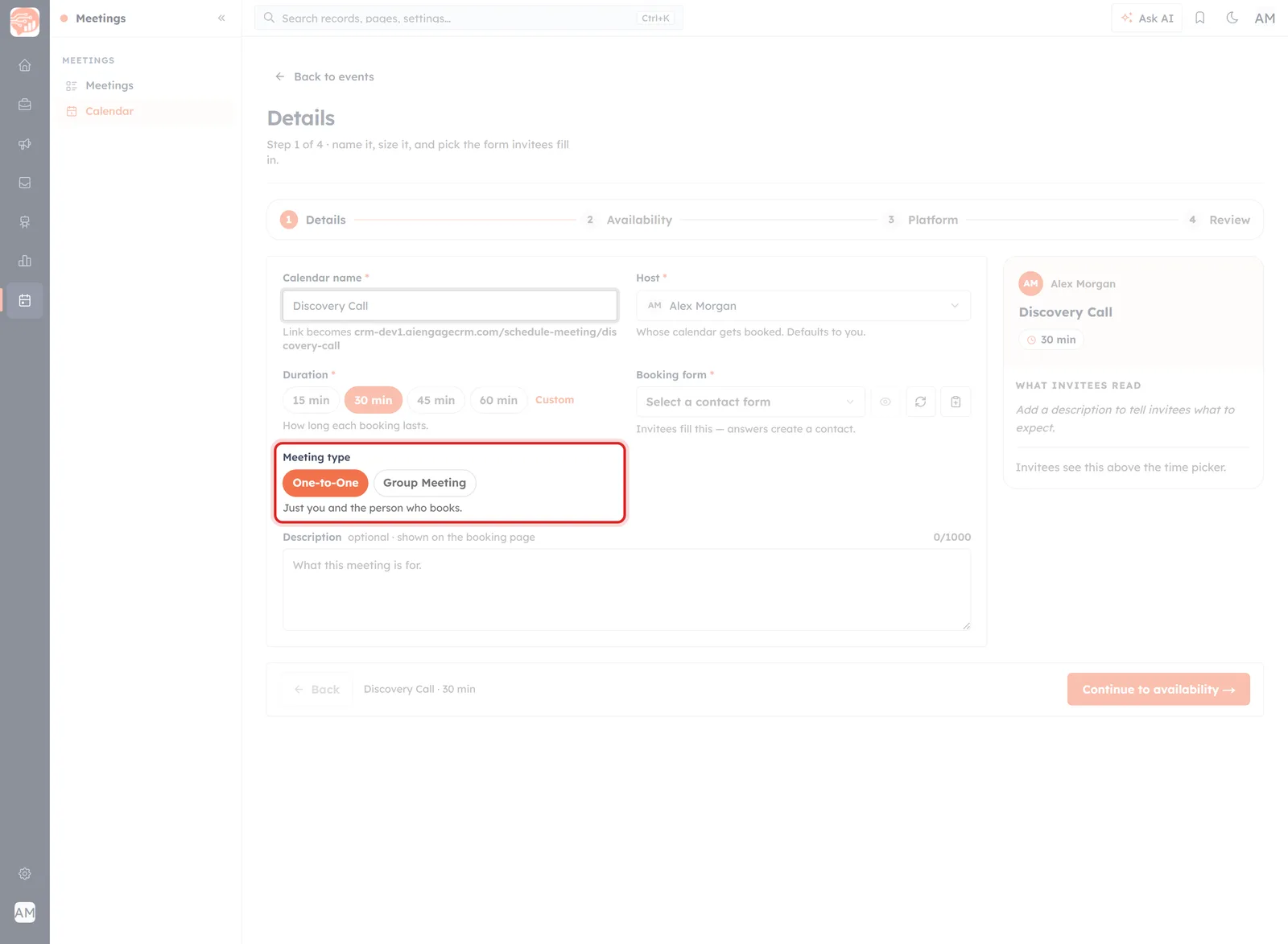 Step 1 with Meeting type set to One-to-One and highlighted