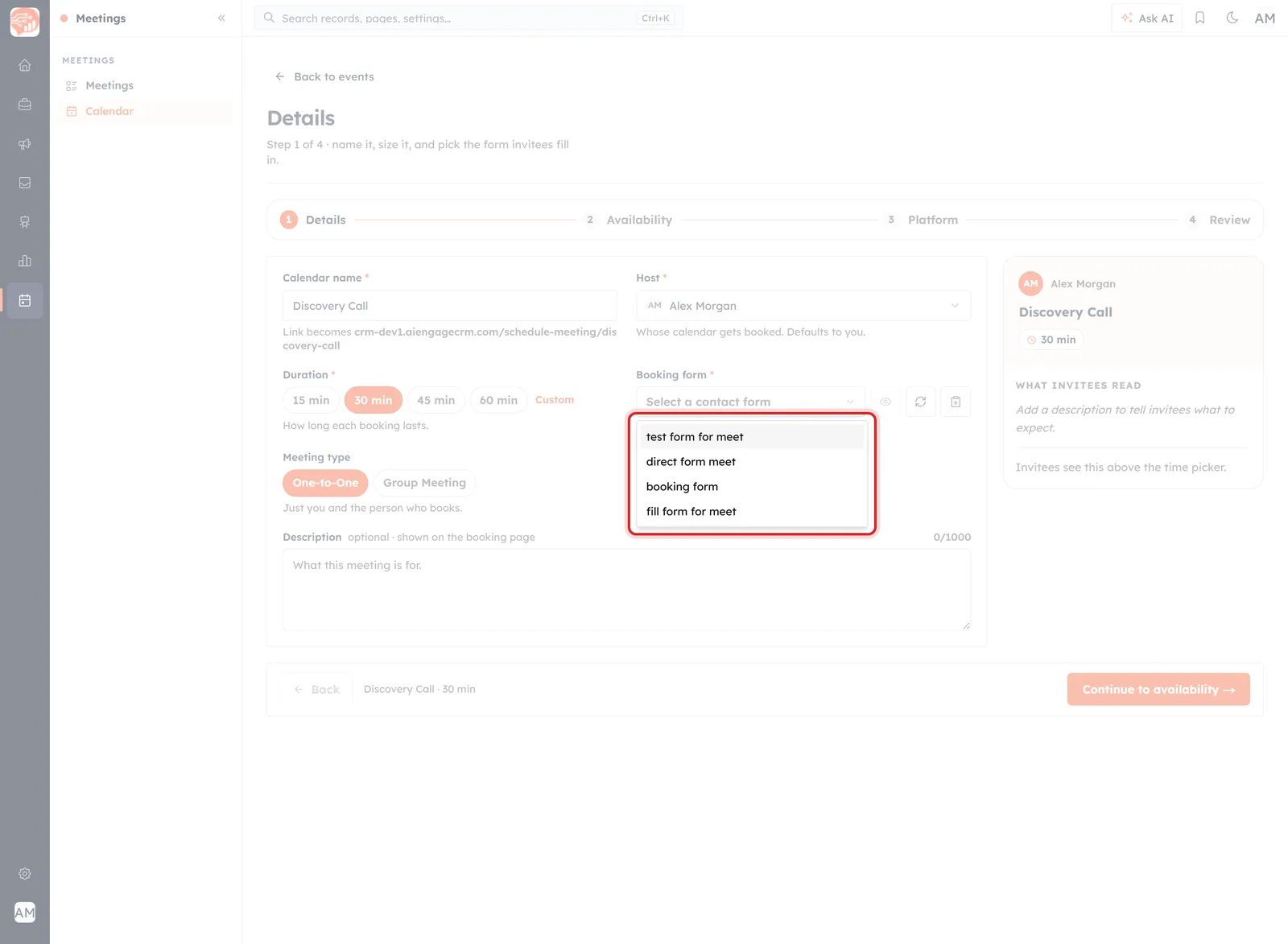 The Booking form picker open, listing the organisation's contact forms