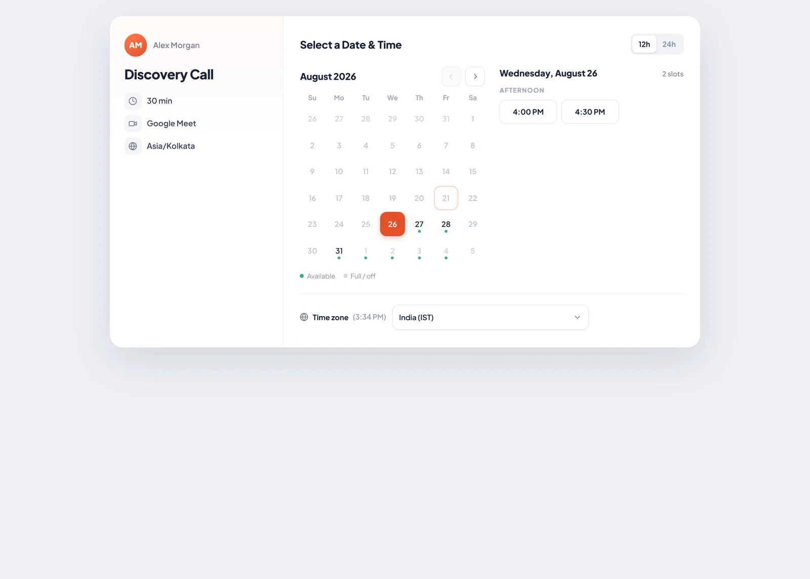 A public booking page as an invitee sees it, with the event details on the left and the date and time picker on the right