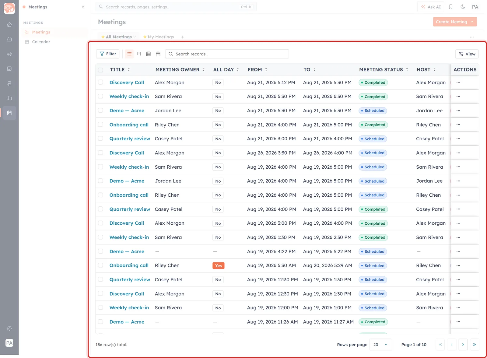The Meetings list with the grid and its footer highlighted