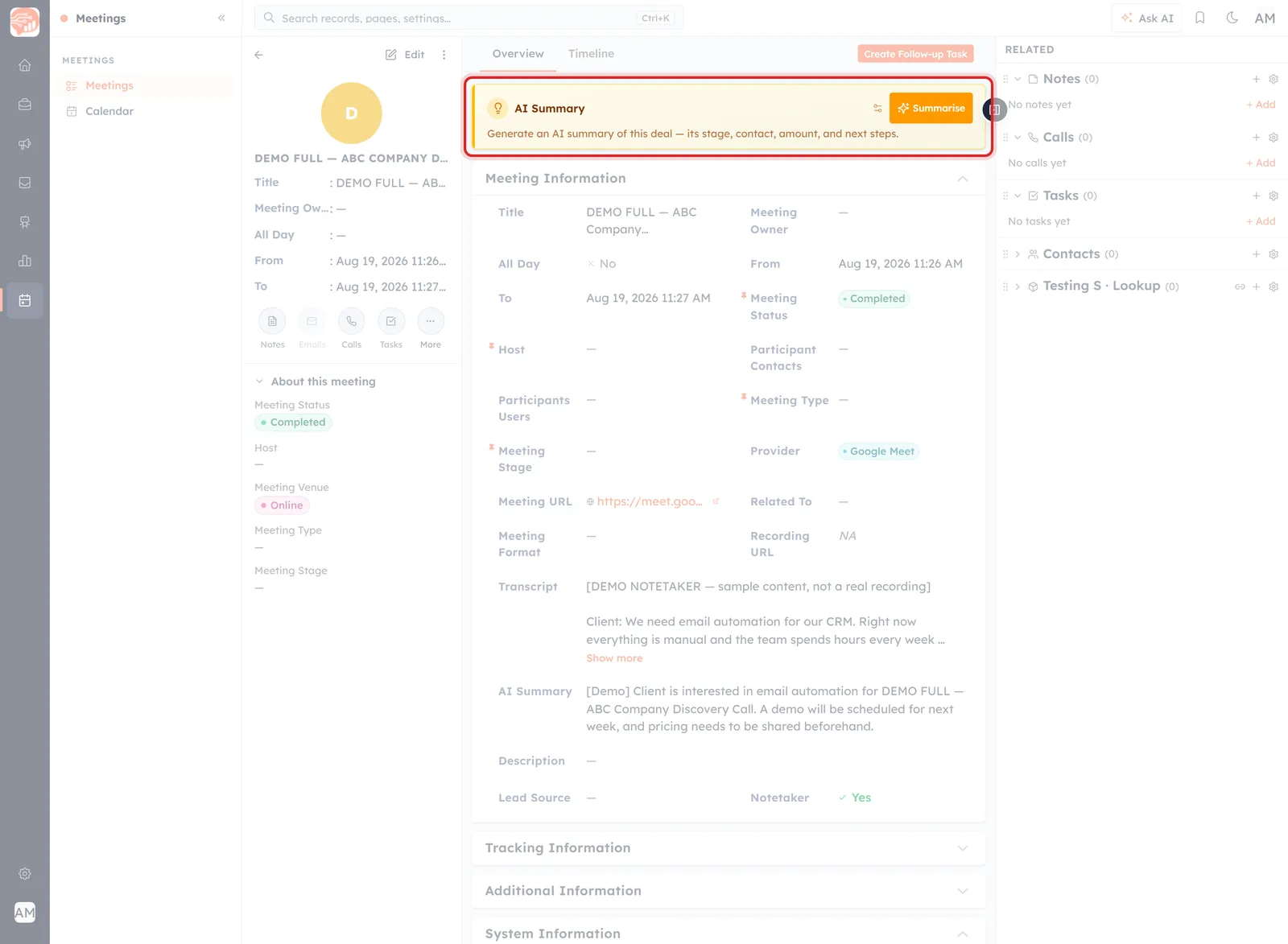 A meeting record with the AI Summary panel and its Summarise button highlighted