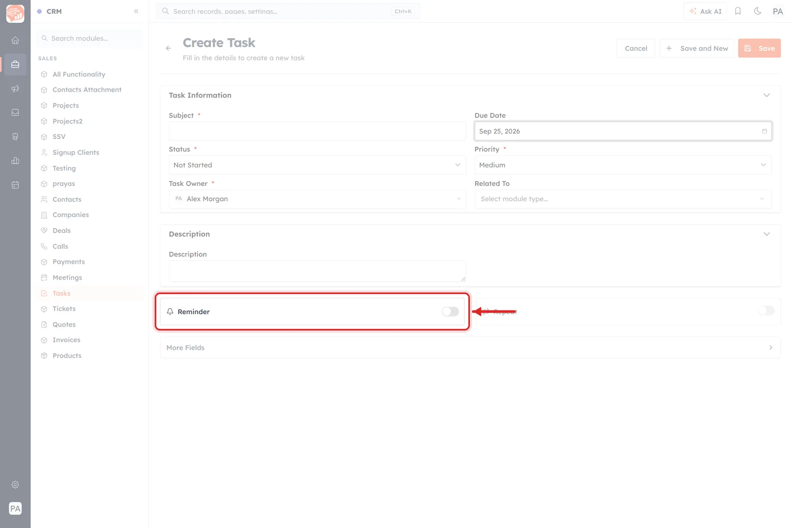 The Create Task form with the Reminder panel highlighted, switched off