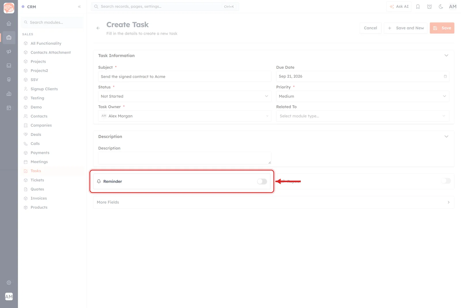 The Create Task form with the Reminder panel ringed in red, switched off