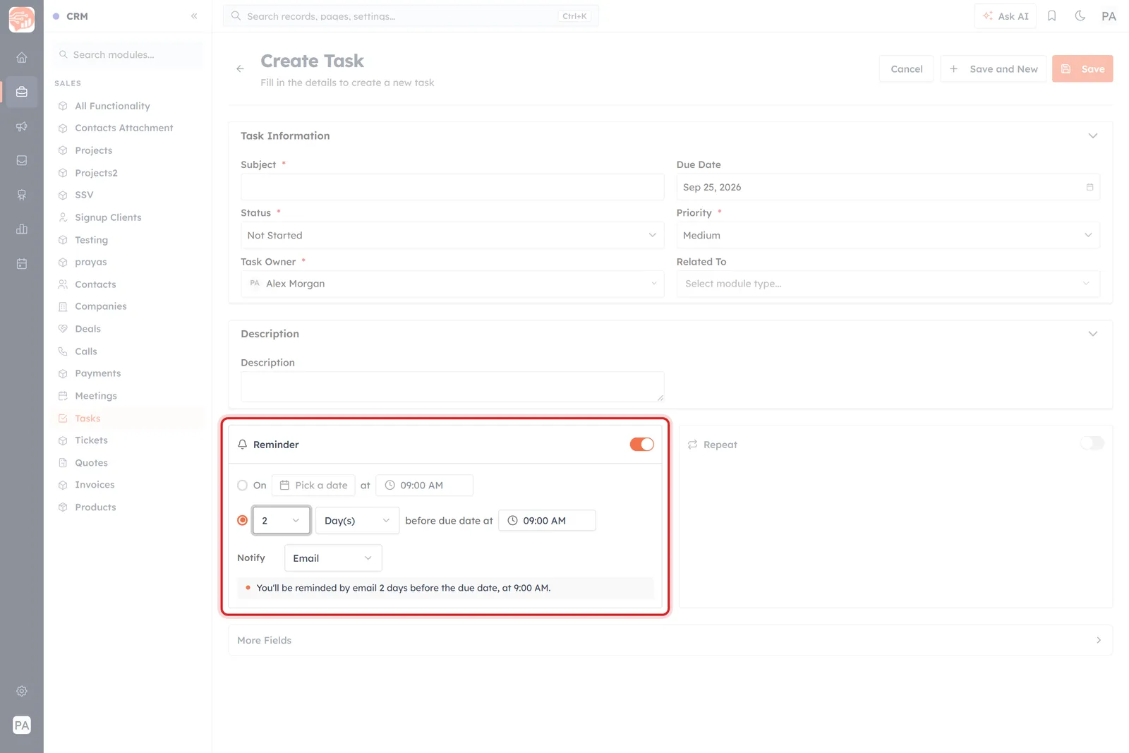 The Reminder panel switched on, showing both timing rows, the Notify dropdown and the summary line