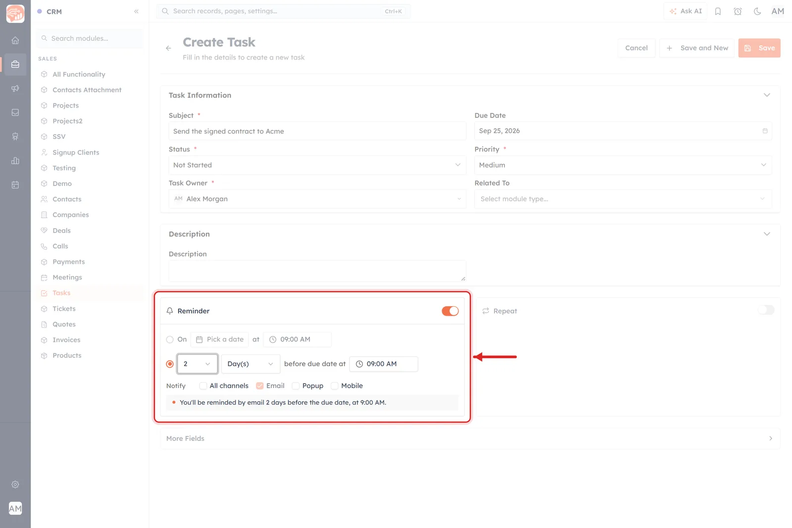 The Create Task form with the Reminder panel ringed in red and switched on, showing both timing rows, the Notify channels and the summary line