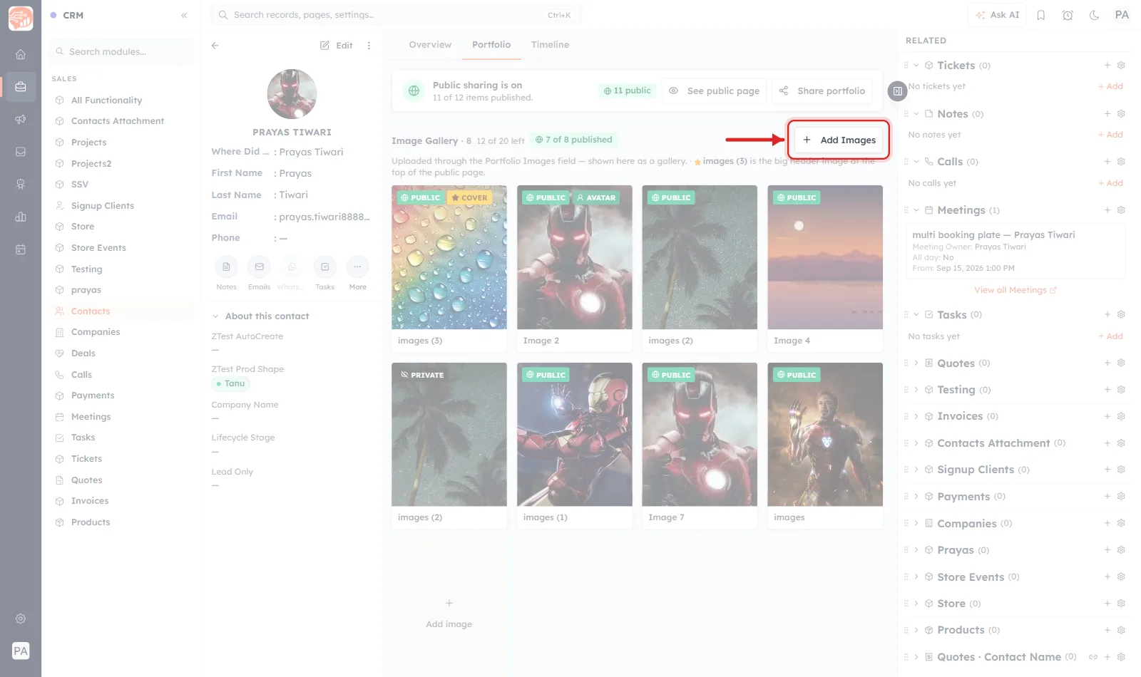 The Portfolio tab with the Add Images button at the top right of the Image Gallery ringed in red and an arrow pointing at it. Existing image tiles fill the gallery below.