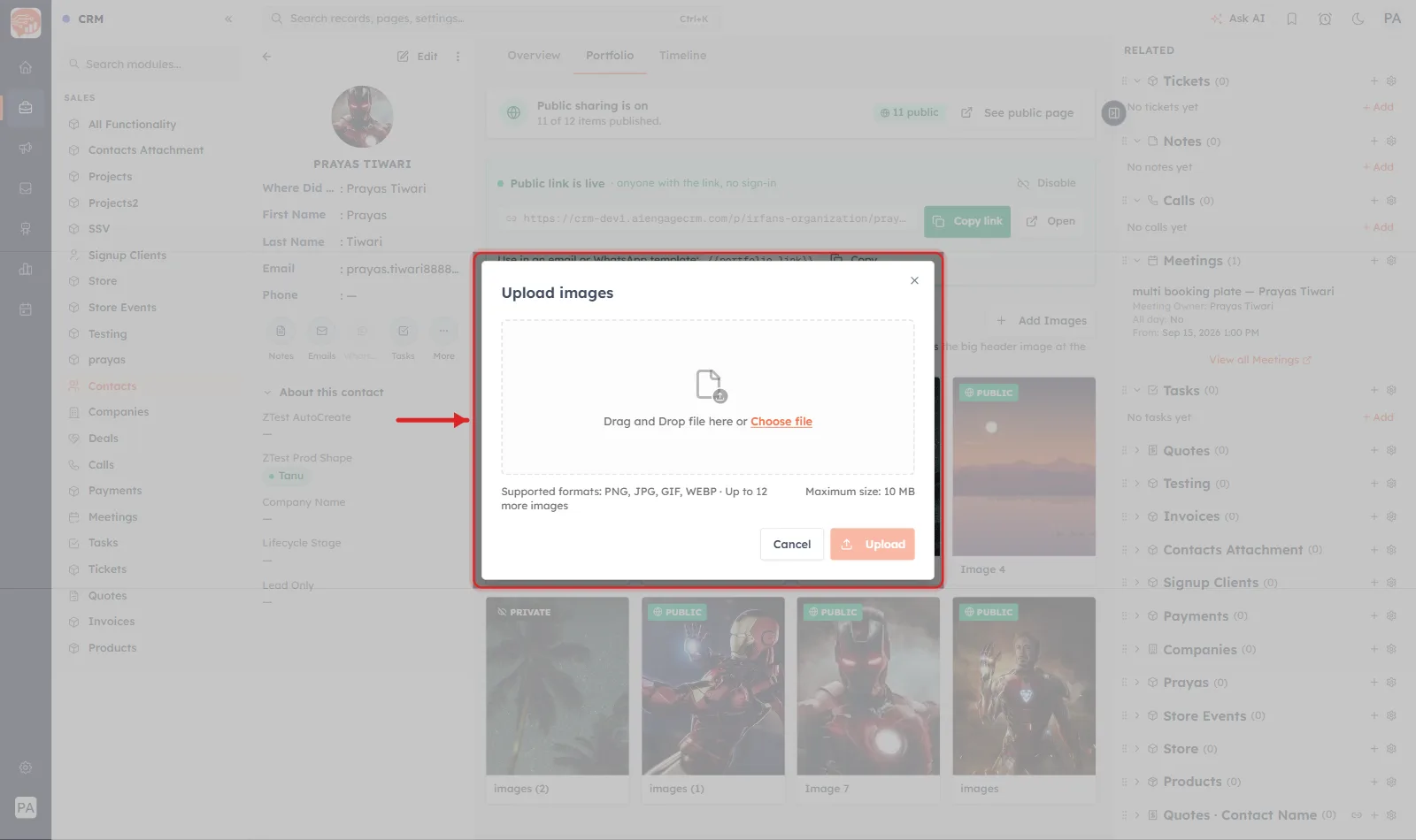The Upload images dialog ringed in red with an arrow pointing at it. It shows a drag-and-drop area with a Choose file link, the line Supported formats: PNG, JPG, GIF, WEBP, up to 12 more images, Maximum size: 10 MB, and Cancel and Upload buttons.