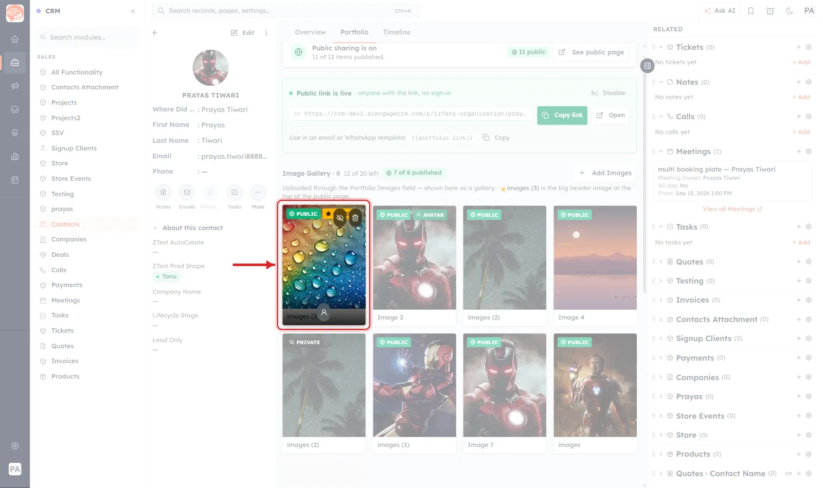 An image tile in the gallery with the pointer over it, ringed in red with an arrow pointing at it. Small icon buttons sit in the top-right corner of the tile and a badge reads PUBLIC.