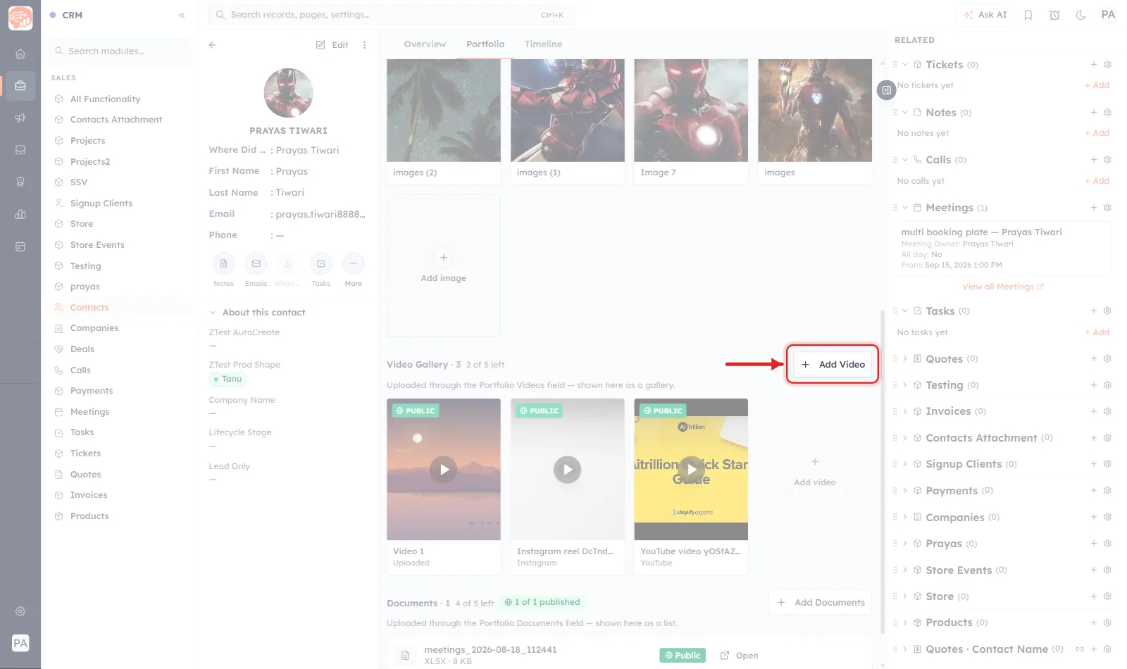 The Add Video button at the top right of the Video Gallery ringed in red with an arrow pointing at it.