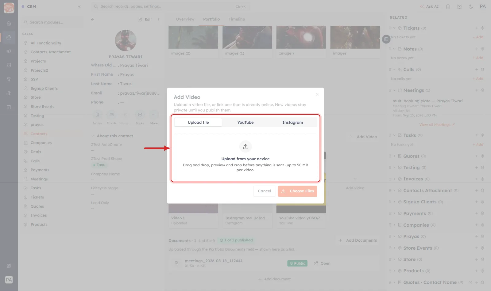The Add Video dialog with its three tabs ringed in red and an arrow pointing at them: Upload file, YouTube and Instagram. The Upload file tab is open, reading Upload from your device, drag and drop, preview and crop before anything is sent, up to 50 MB per video.