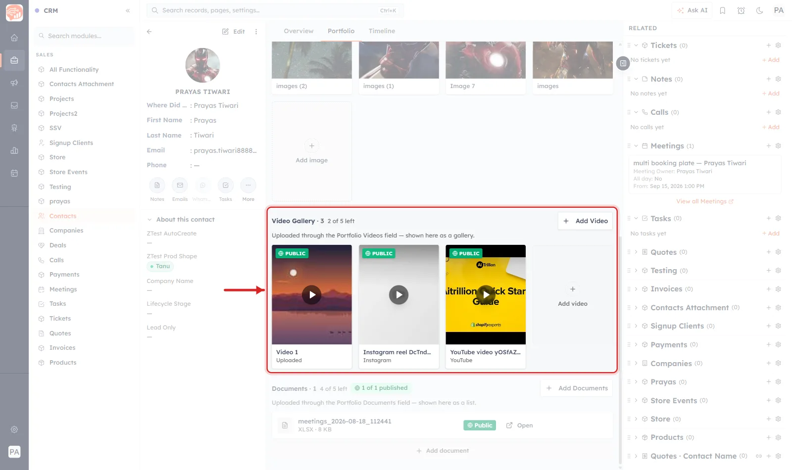 The Video Gallery ringed in red with an arrow pointing at it, holding three tiles: Video 1 marked Uploaded, an Instagram reel marked Instagram, and a YouTube video marked YouTube, each with a PUBLIC badge, plus an Add video tile.