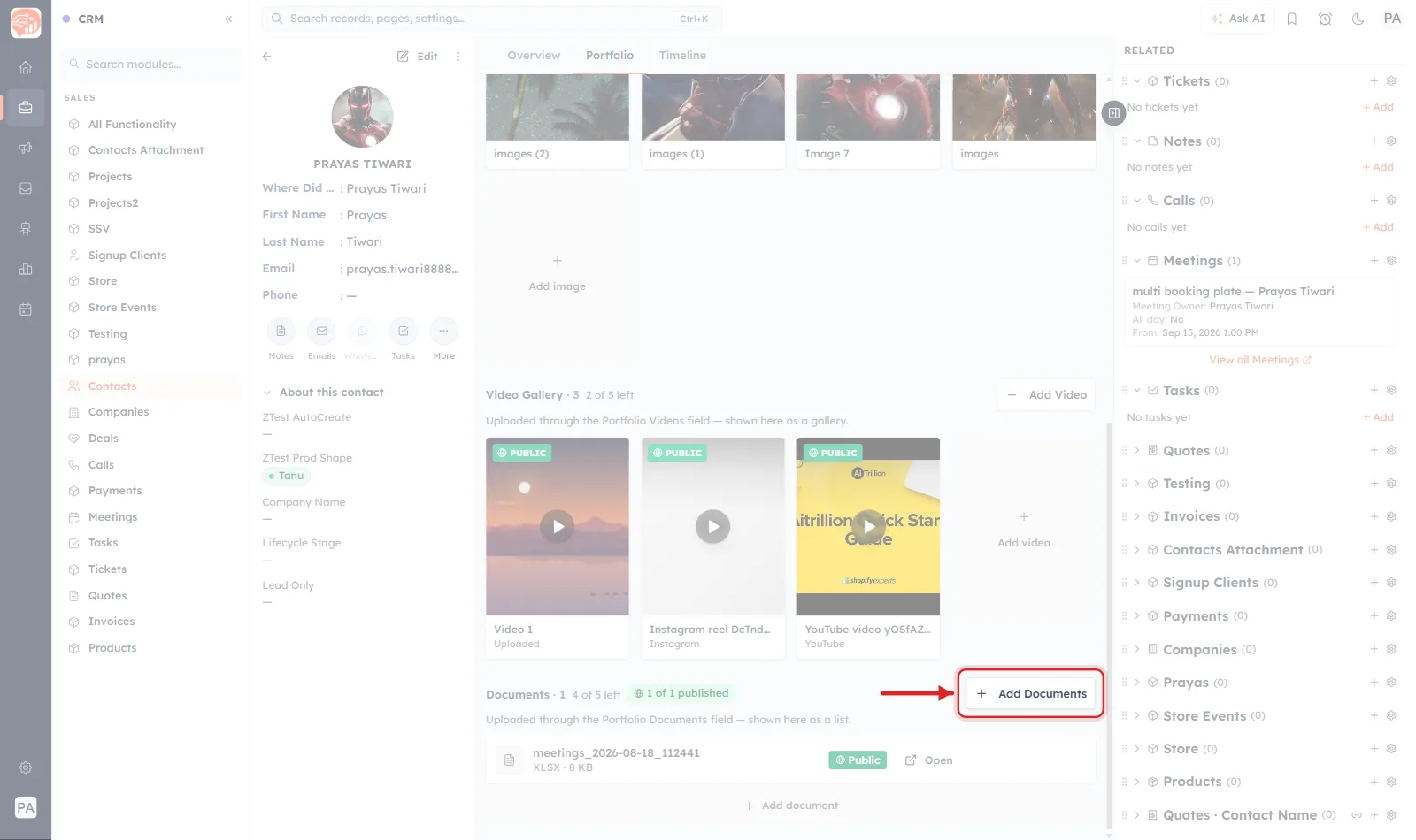 The Add Documents button at the top right of the Documents section ringed in red with an arrow pointing at it.