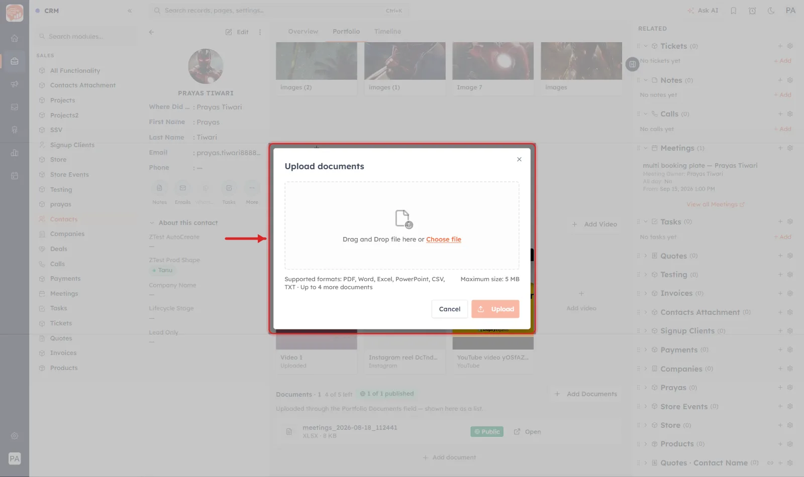 The Upload documents dialog ringed in red with an arrow pointing at it, showing a drag-and-drop area, the line Supported formats: PDF, Word, Excel, PowerPoint, CSV, TXT, up to 4 more documents, Maximum size: 5 MB, and Cancel and Upload buttons.