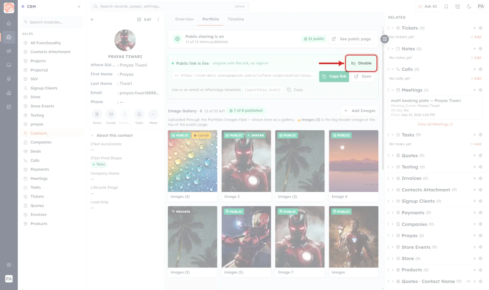 The Disable control at the right of the Public link is live block, ringed in red with an arrow pointing at it.