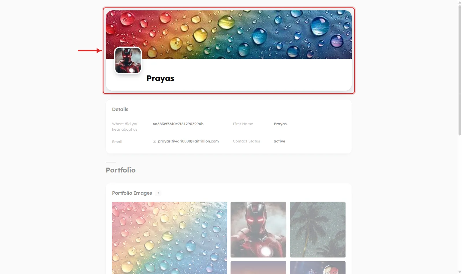 The public portfolio page as a visitor sees it, with the header card ringed in red and an arrow pointing at it. A wide cover image runs across the top with a round avatar and the name beneath, followed by a Details block and a Portfolio heading with an image gallery.
