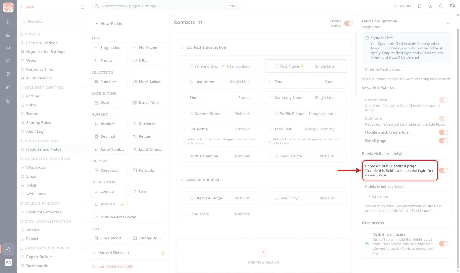 The Contacts module builder with the Field Configuration panel open on the right. The Public visibility setting, Show on public shared page, is ringed in red with an arrow pointing at it, with its toggle switched on and a Public label box beneath.