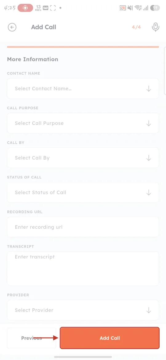 The Add Call button