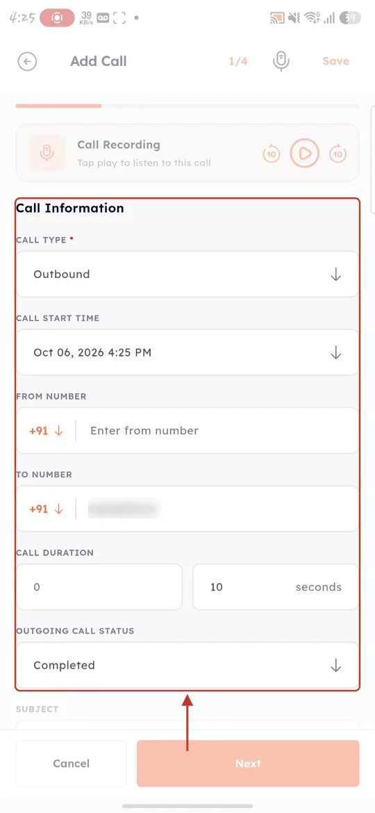 The Call Information fields