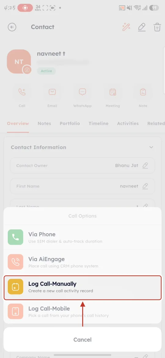 Log Call-Manually in Call Options